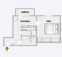 Floor plan of a 1-bedroom apartment with a balcony and a kitchen.
