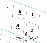 Residential plots in Nové Sady: four parcels (A, B, C, D) by the asphalt road.