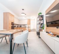 Kitchen with dining room in a family house, light walls, wooden decorations, dining table.