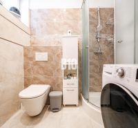 Bathroom in a family house with a washing machine, shower, and toilet.