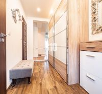 A hallway with a wooden decor floor, cabinets, and a mirror in a family house.