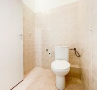 Bathroom in a 2-room apartment with beige tiles and a toilet.