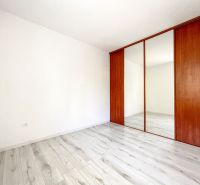 A room with a wooden decor floor and a built-in wardrobe in a 2-room apartment.