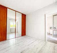 A clean white interior with a large mirrored wardrobe and a wood-decor floor in a 2-room apartment.