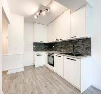 A kitchen in a 2-room apartment with white cabinets and a wood-patterned floor.