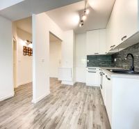 Kitchen area in a 2-room apartment with a wood-patterned floor and white cabinets.