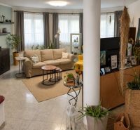 Living room in a family house with a comfortable sofa, plants, and decorative elements.