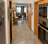 Modern kitchen with stainless steel appliances, open view into the living room in a family house.