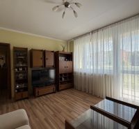 Living room in a three-room apartment with a wooden decor floor and large windows.