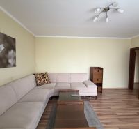 Living room in a 3-room apartment with a corner sofa and a floor with a wooden decor.