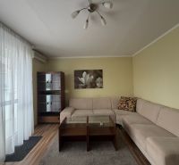 Living room in a 3-room apartment with a sofa, wood-patterned flooring, and a wardrobe.