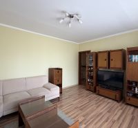 A living room in a three-room apartment with a wooden decor floor and furniture.