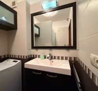 Bathroom in a 3-room apartment with a sink, washing machine, and a mirror on the wall.