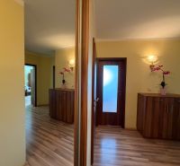 A hallway in a 3-room apartment with a wood-patterned floor and built-in cabinets.