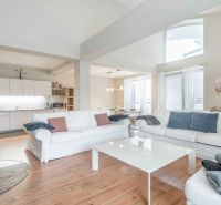 Bright living space with a fireplace, sofas, kitchen, and wood-decor flooring in a vacation apartment.