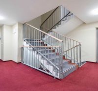 Hallway in a Recreational Apartment with a red carpet, staircase, and elevator.