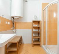 A bathroom with orange tiles, a shower corner, and a sink in a holiday apartment.