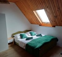 Attic room in a cottage with a double bed and a skylight.
