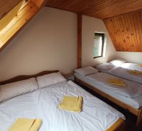 Attic room in the cottage with five beds and a wooden ceiling.