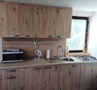A kitchen with wooden decor, cabinets, a stove, a sink, and a microwave in a cabin.