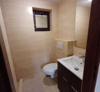 A bathroom with light tiles, a sink, and a toilet in a cabin.