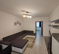 Living room with a large sofa, wooden decor flooring, and simple interior in a 3-room apartment.
