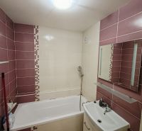 A bathroom in a 3-room apartment with a bathtub, a sink, and purple tiles.