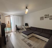 Living room in a 3-room apartment with a wooden decor floor, workspace, and a sofa.