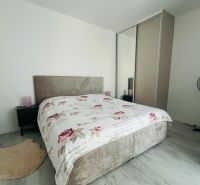 Bedroom in a 2-room apartment with a bed and a wardrobe, light walls, floor with wooden decor.