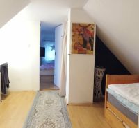 Attic hallway in a family house with a wooden decor floor and carpet.