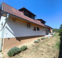 A family house in Divín with a brown roof and a garden, bordered by a lawn and shrubs.