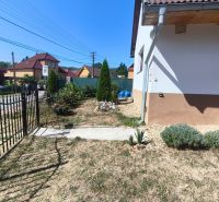 A garden at a family house in Divín with plants and a lawn, surrounded by a fence.