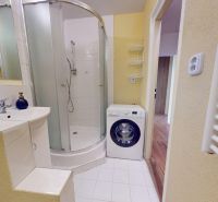 Bathroom with a washing machine and a shower in a 2-room apartment.