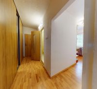 A cozy hallway in a 2-room apartment with a wooden decor floor and a built-in wardrobe.