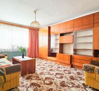 Living room in a family house with a couch, an armchair, and a large cabinet unit.