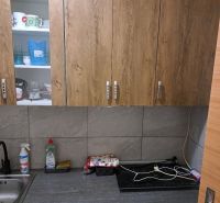 A kitchen with wooden cabinets, a sink, and a countertop in a studio apartment.