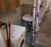 A studio apartment bathroom with a washing machine, shower, and ceramic tiles.