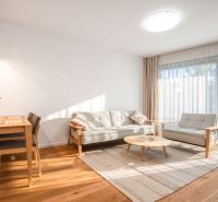 A bright living room with wood-patterned flooring, a sofa, and a dining table.