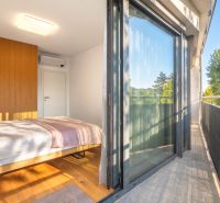 A bedroom with a large glass wall, wood-patterned flooring, and a balcony in a two-room apartment.