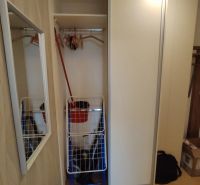 Built-in wardrobe with sliding doors, hangers, and a mirror in a 2-room apartment.