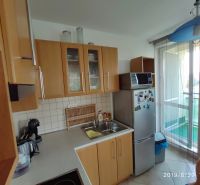 A kitchen with wooden cabinets, a microwave, and a refrigerator in a two-room apartment.
