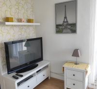 Living room in a two-room apartment with light furniture and Eiffel Tower decoration.