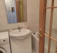 Bathroom with a sink, mirror, washing machine, and bathtub in a 2-room apartment.