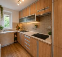 A kitchen in a 3-room apartment with a wooden decor floor and houseplants.