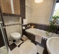 The bathroom in a three-room apartment includes a shower, a bathtub, and a sink.