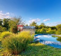 The garden with a pond by the cottage at Alžbetin Dvor in Miloslavov.