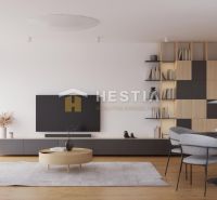Living room in a family house with wood-patterned flooring, a television, and a dining table.