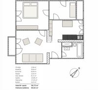 Floor plan of a 3-room apartment with a spacious living room, kitchen, and two bedrooms.