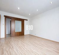 A bright interior with sliding doors and a wood-decor floor in a 3-room apartment.