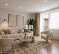 Living room with a sofa, armchairs, a lamp, and a wooden decor floor in a 3-room apartment.